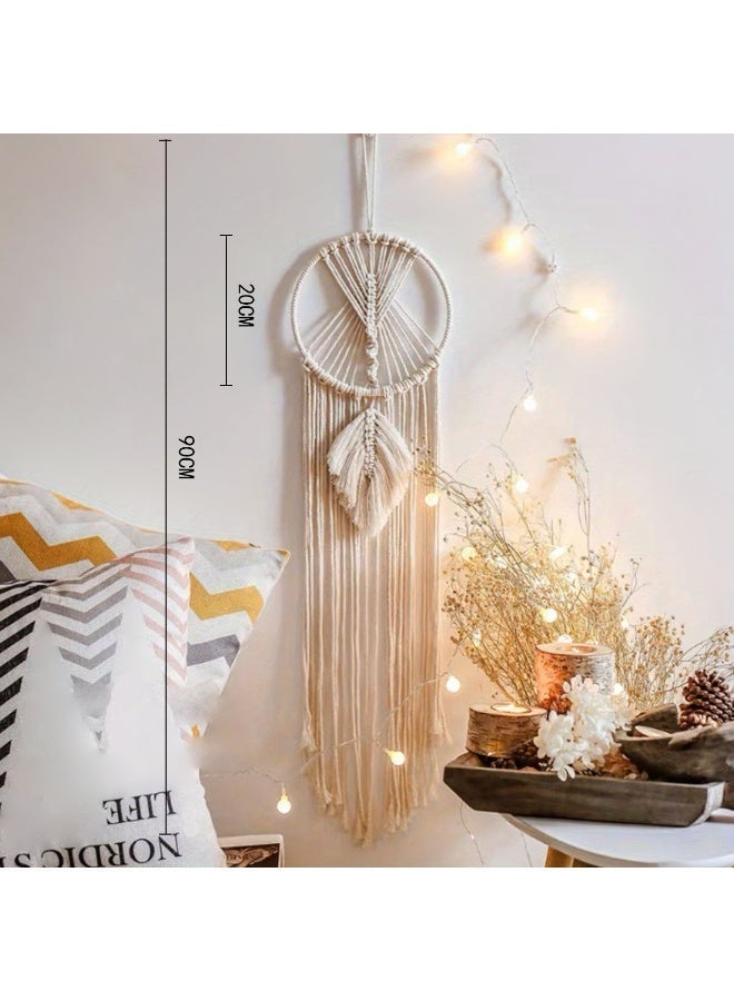 Woven Wall Hanging, Crochet Crescent Moon Star Dream Catcher with Long Tassel- White Cotton Handmade Bohemian Nursery Decor Decoration Art Craft for Kids Bedroom Dorm Room - Image 1